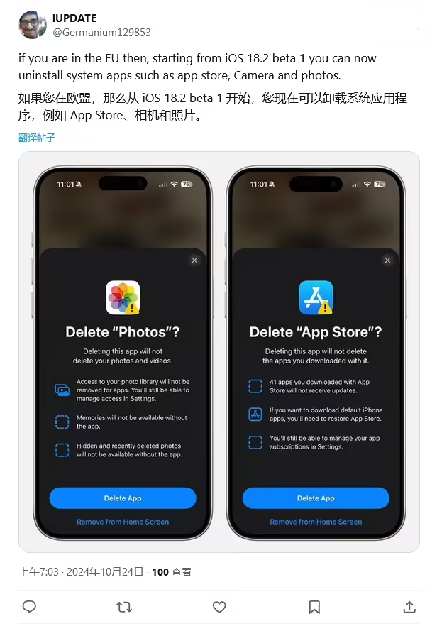 丰都苹果手机维修分享iOS 18.2 支持删除 App Store 应用商店 