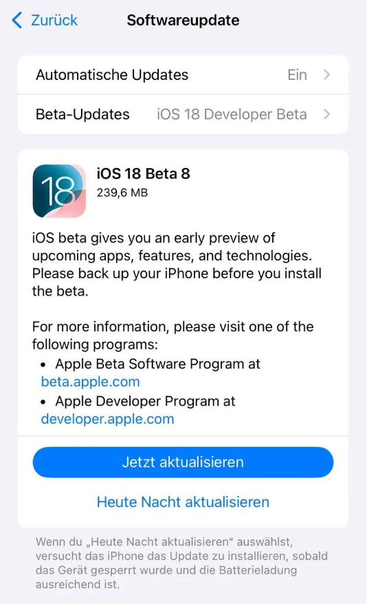 丰都苹果手机维修分享苹果 iOS / iPadOS 18 开发者预览版 Beta 8 发布 